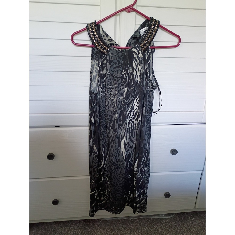 Sandra Darren Black Animal Print Beaded Sleeveless Knee Dress Size 8